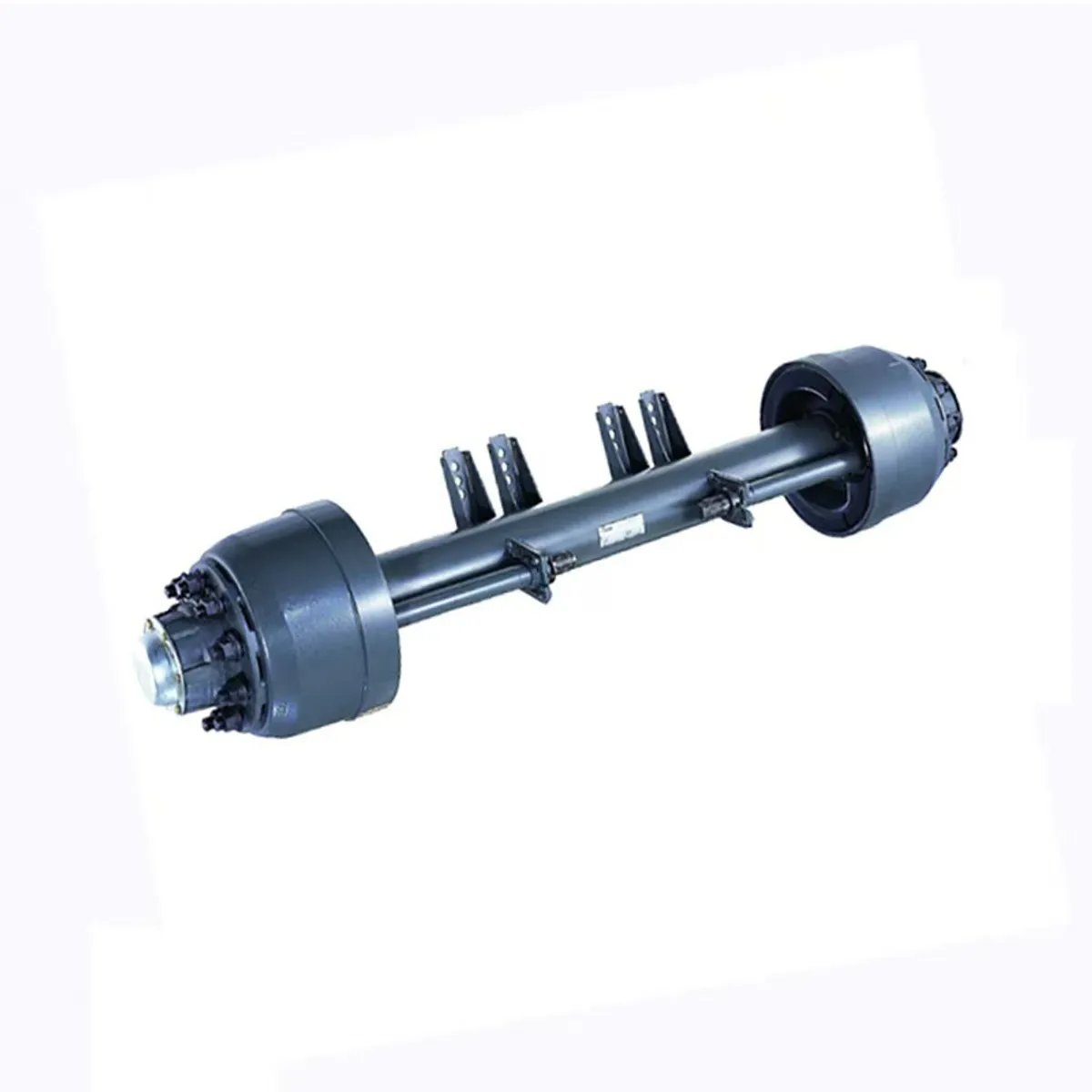 American type trailer axle assembly with drum brake and hub, powder coated finish
